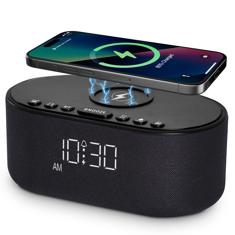 Sound Machine Alarm Clock for Bedrooms Bluetooth 10W Stereo Sound Speaker with Wireless Charging White Noise Machine for Sleeping with 21 Soothing Sounds Black